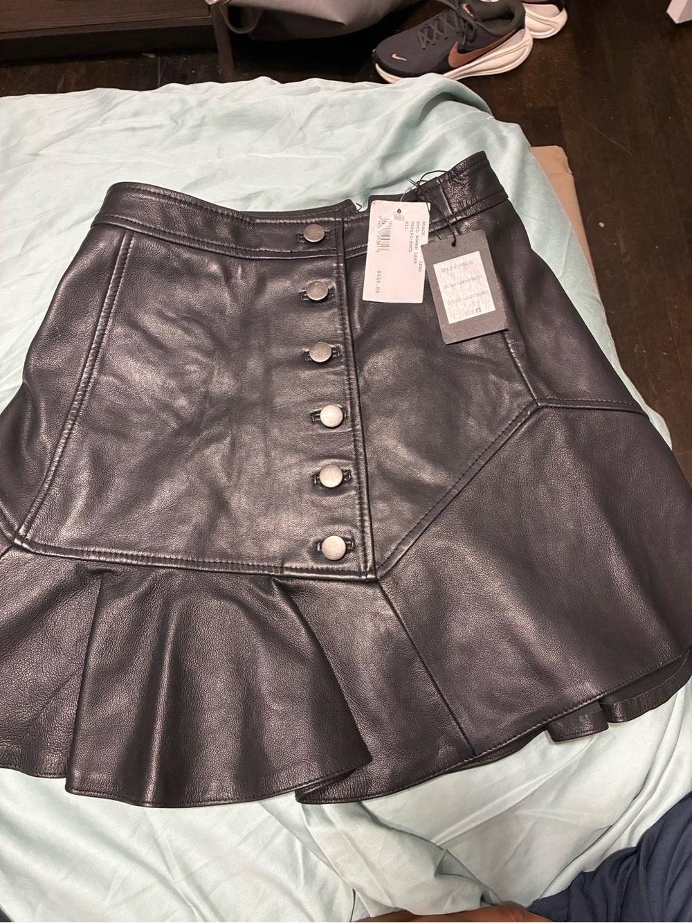Marissa Webb Black Faux Leather Button-Front Ruffle-Hem Midi Skirt